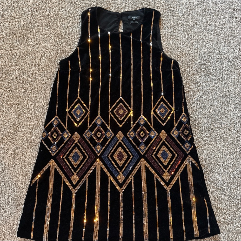 Miss Me. Black and Gold Geometric Dress size medium